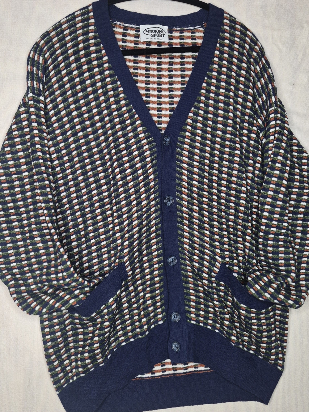 Vintage 90s Missoni Sport Knit Cardigan Sweater - Made in Italy - Navy Blue Mult